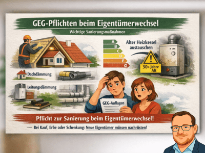 GEG‑Pflichten beim Eigentümerwechsel: Beim Kauf, Erbe oder bei Schenkung können neue Eigentümer zu energetischen Sanierungen verpflichtet sein – etwa Dämmung von Dach und Leitungen sowie Austausch alter Heizkessel nach Gebäudeenergiegesetz. Landsberg am Lech, Kaufering, Penzing, Buchloe, Augsburg, Türkheim, Fürstenfeldbruck, Dachau