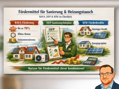 Staatliche Förderung für Sanierung und Heizungstausch: BAFA‑Zuschüsse, individueller Sanierungsfahrplan (iSFP) und KfW‑Förderkredite im Überblick – Fördermöglichkeiten für energetische Maßnahmen clever kombinieren.
