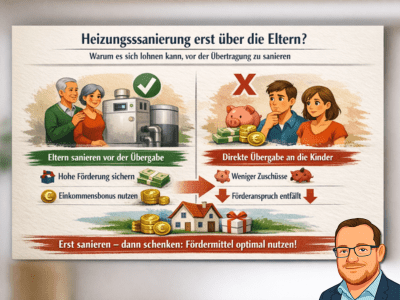Heizungssanierung vor der Immobilienübertragung: Warum es sich lohnen kann, als Eigentümer zunächst selbst zu sanieren und Fördermittel optimal zu nutzen, bevor die Immobilie auf die Kinder übertragen wird. Landsberg am Lech, Kaufering, Penzing, Buchloe, Augsburg, Türkheim, Fürstenfeldbruck, Dachau<br />
