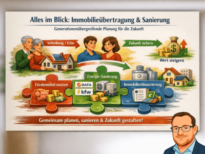 Ganzheitliche Planung bei Immobilienübertragung: Eigentumsgestaltung, energetische Sanierung, BAFA‑ und KfW‑Förderung sowie eine passende Immobilienfinanzierung zusammendenken, um generationenübergreifend finanzielle Vorteile zu sichern. Landsberg am Lech, Kaufering, Penzing, Buchloe, Augsburg, Türkheim, Fürstenfeldbruck, Dachau<br />
