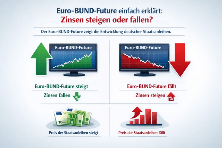 Grafische Erklärung des Euro‑BUND‑Futures: Steigende Kurse bedeuten fallende Zinsen, fallende Kurse bedeuten steigende Zinsen – dargestellt mit Diagrammen deutscher Staatsanleihen. Landsberg am Lech, Kaufering, Penzing, Buchloe, Augsburg, Türkheim, Fürstenfeldbruck, Dachau