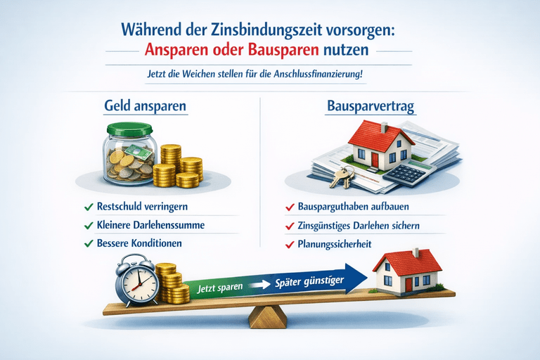 Vergleich Ansparen und Bausparvertrag während der Zinsbindungszeit zur Vorbereitung der Anschlussfinanzierung – Restschuld senken, Darlehenssumme reduzieren und Planungssicherheit schaffen. Landsberg am Lech, Kaufering, Penzing, Buchloe, Augsburg, Türkheim, Fürstenfeldbruck, Dachau